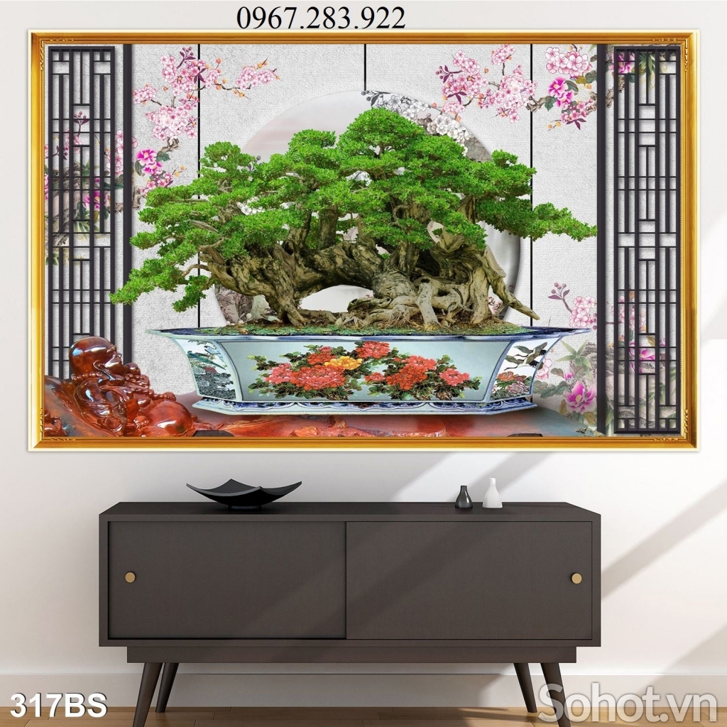 Tranh ốp tường cây bonsai 3D trang trí phòng khách