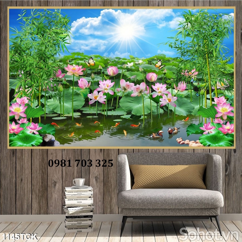 Tranh gạch hoa sen 3D phong thủy dán tường