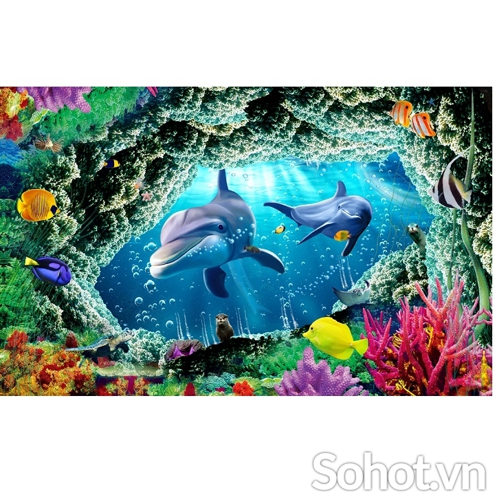 Tranh 3D trang trí phòng- tranh cá heo- gạch ốp tường