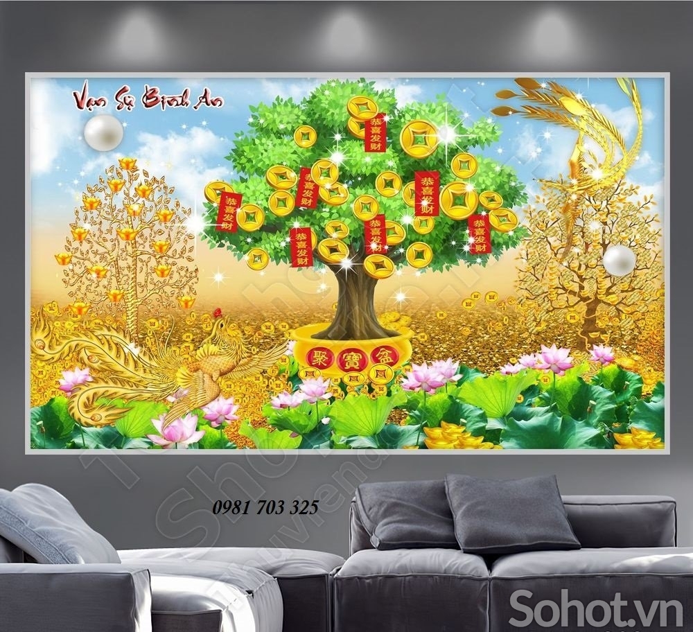 Tranh gạch 3D cây kim tiền phong thủy ốp tường