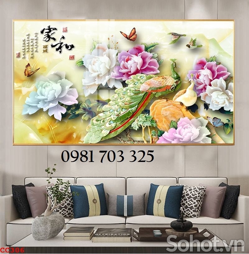 Tranh phong thủy, gạch tranh 3D 2 con chim công