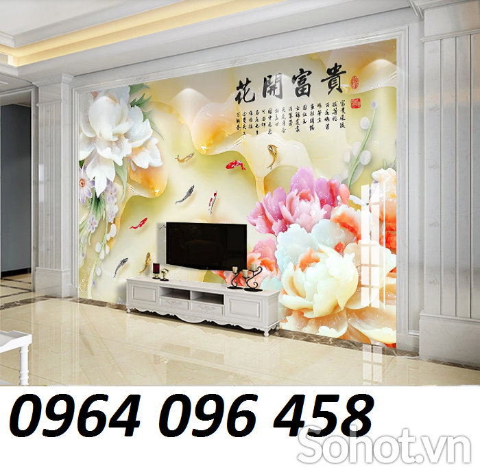 Tranh gạch 3d phong thủy cá chép hoa mẫu đơn - BNBB9