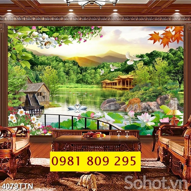 Tranh gạch ốp tường ngôi nhà cảnh xanh mát