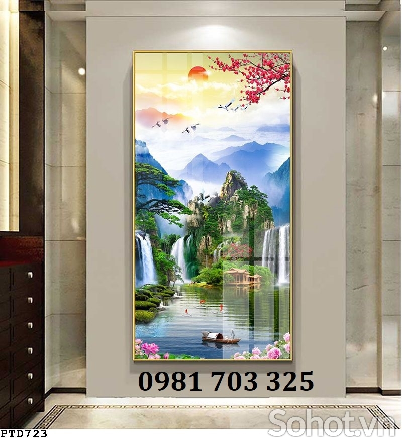 Tranh gạch men khổ đứng phong cảnh thác nước