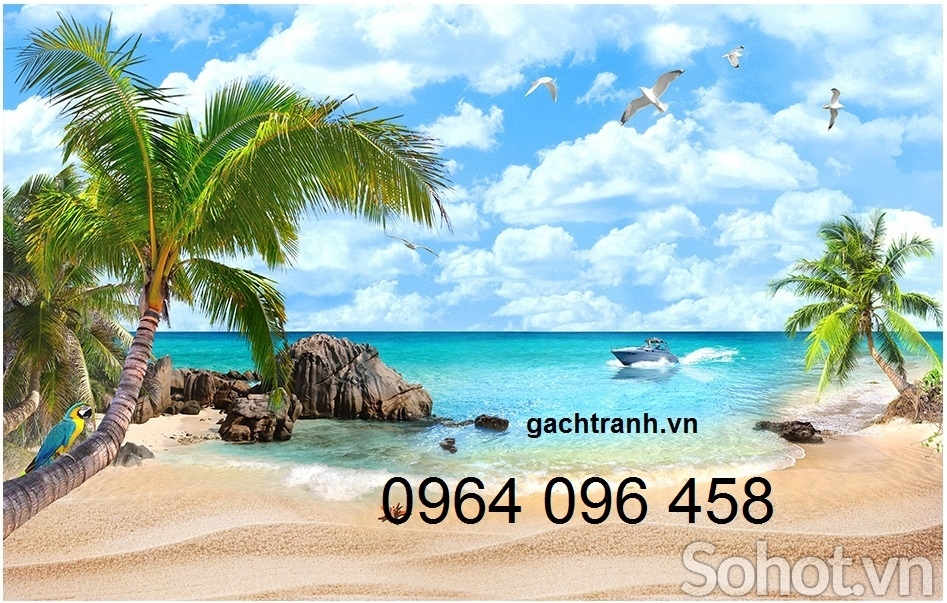 Tranh gạch 3d phong cảnh bờ biển cây dừa - KMN8
