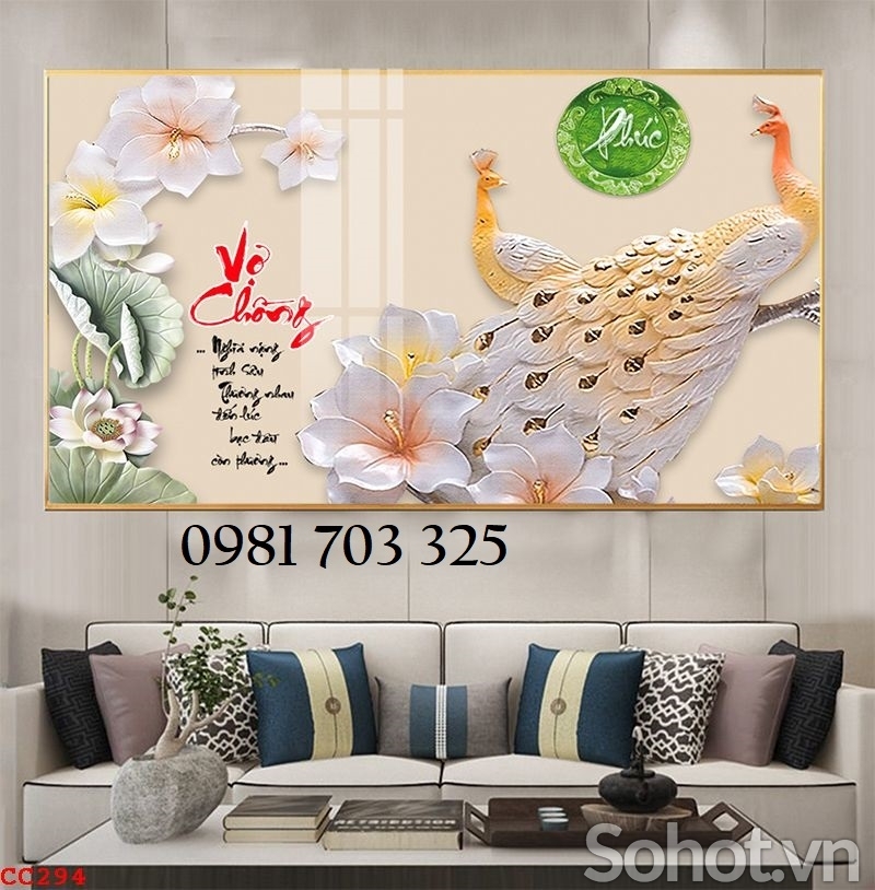 Tranh phong thủy, gạch tranh 3D 2 con chim công