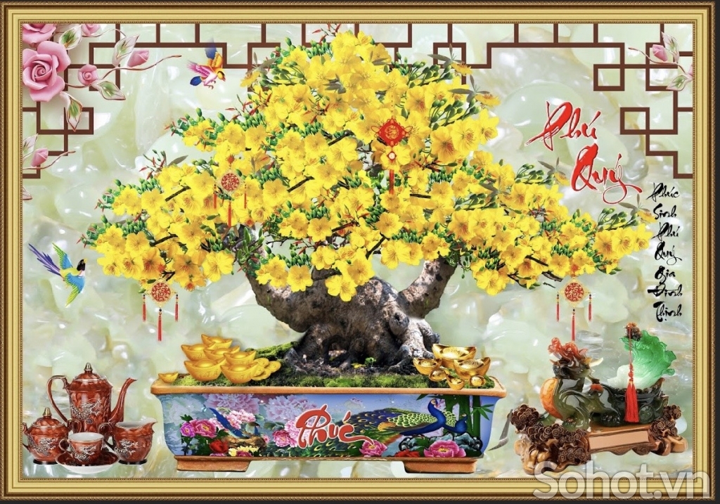 tranh gạch 3d chậu mai - XV56