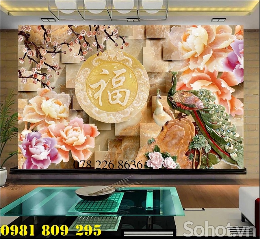 Tranh chim công hoa mẫu đơn- Gạch 3d