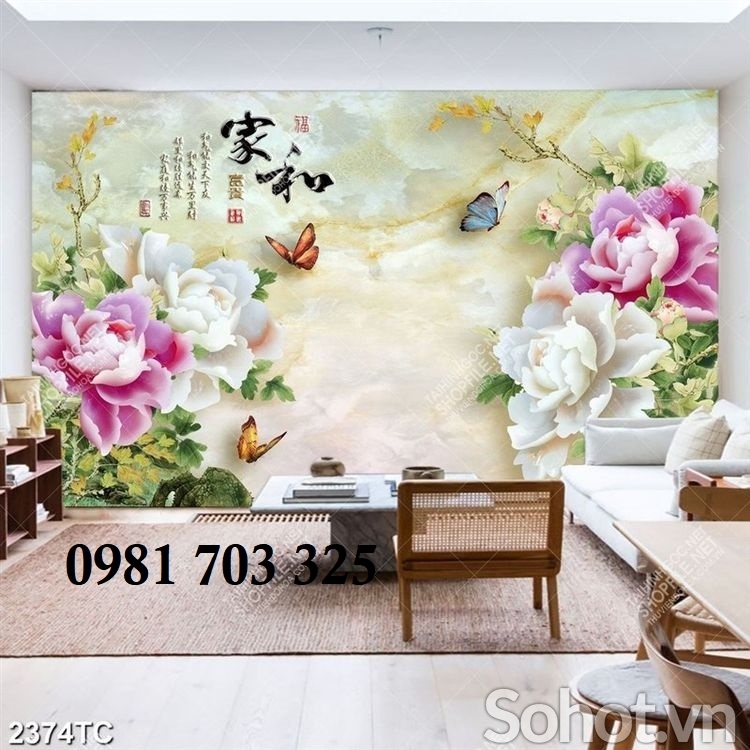 gạch tranh hoa mẫu đơn phong thủy 3D