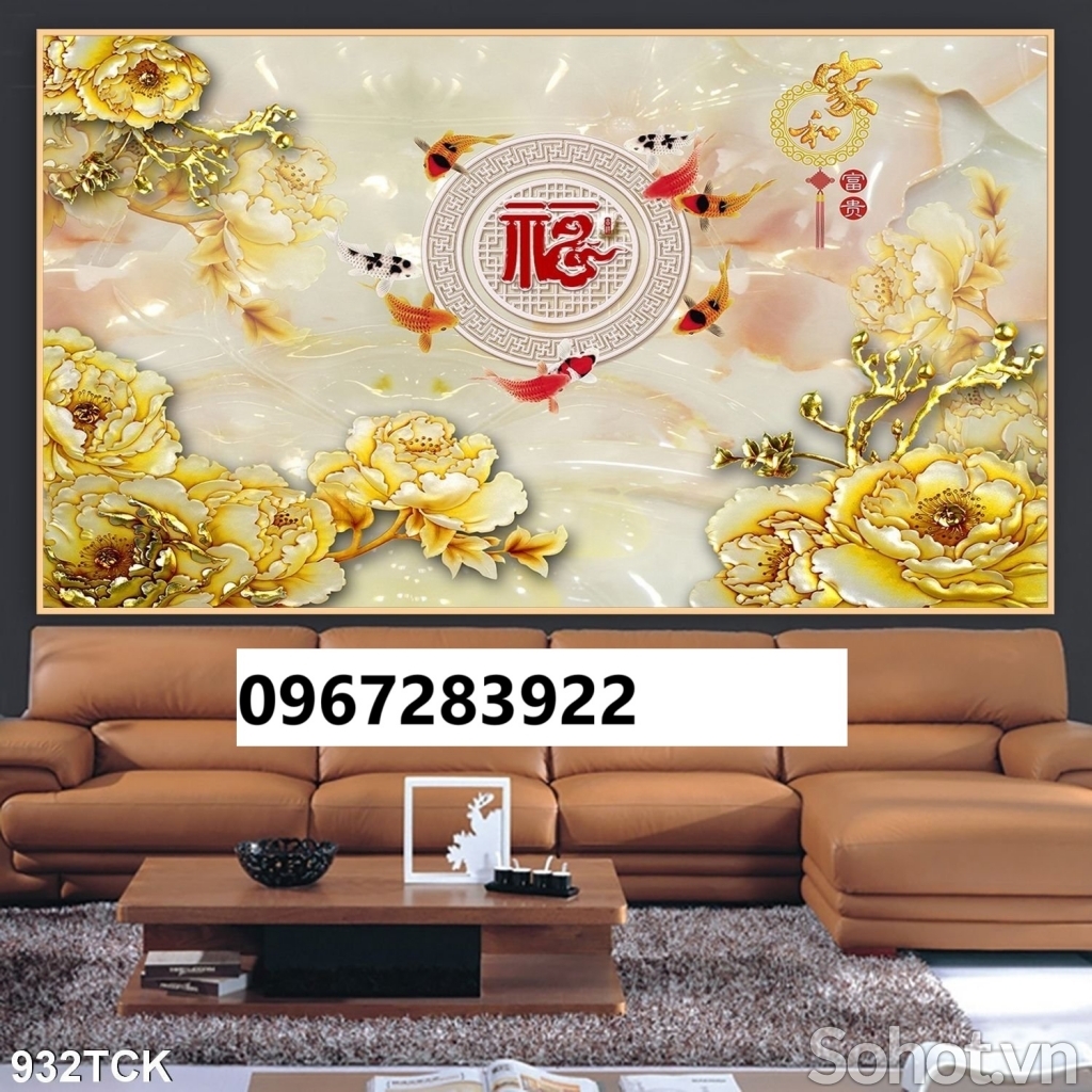 Tranh gạch đẹp 3d cá và hoa