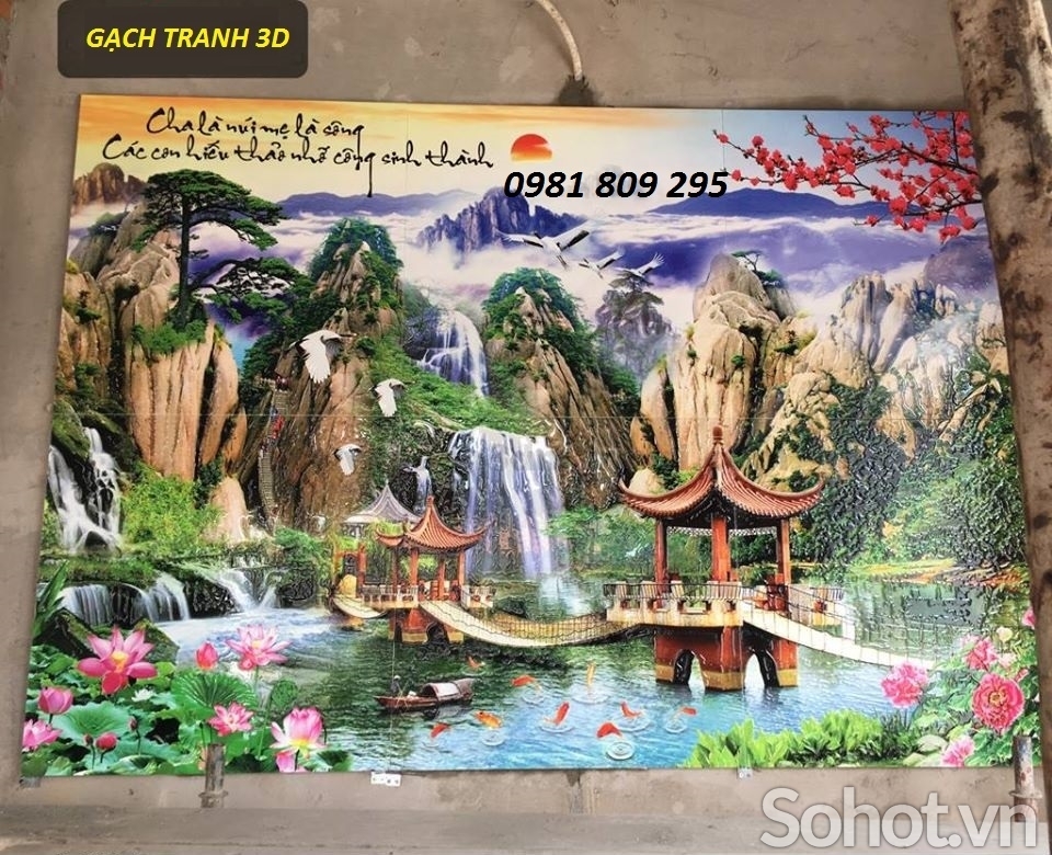 tranh gạch 3d phong thủy núi nước