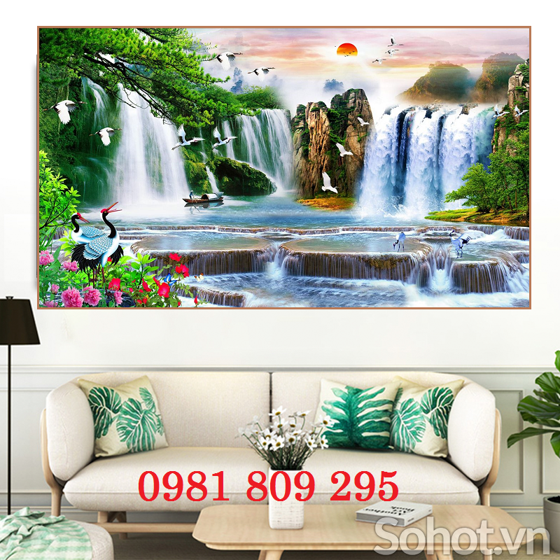 Tranh 3d phòng khách , gạch tranh thác nước