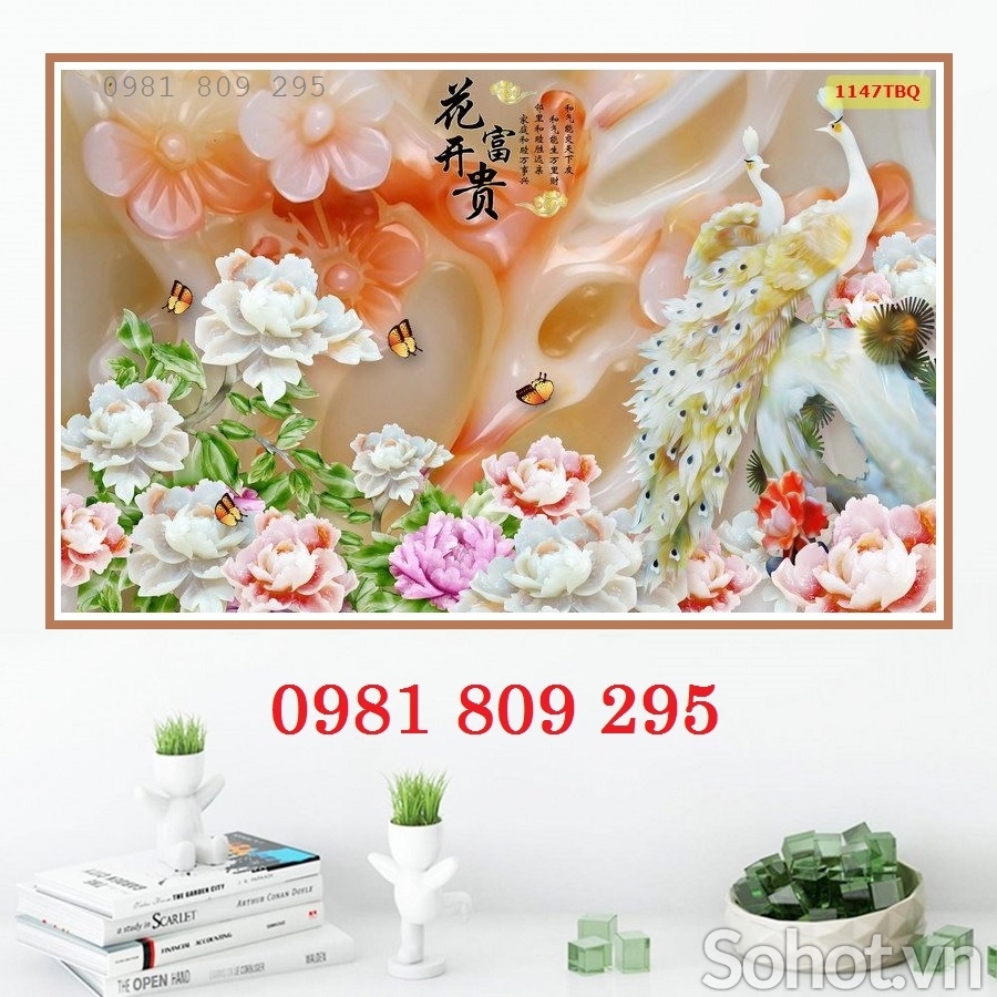 Gạch tranh 3d - tranh chim công hoa ngọc GP543