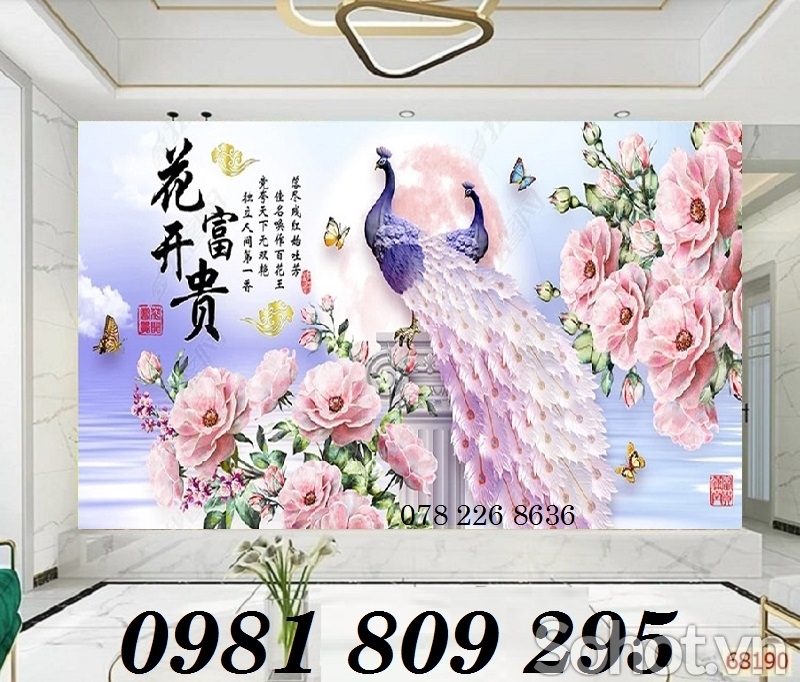 Gạch tranh 3d chim công hoa mẫu đơn -GA89