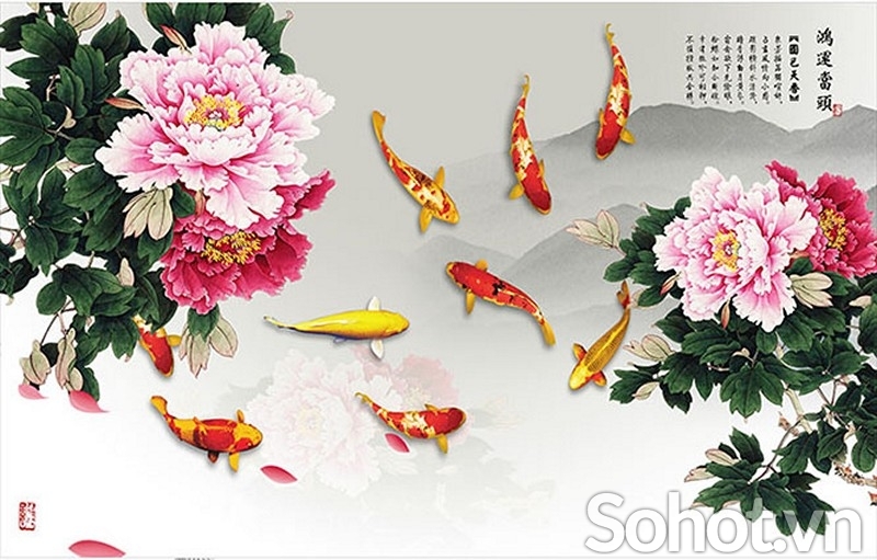 Tranh gạch cá chép hoa mẫu đơn - XV544