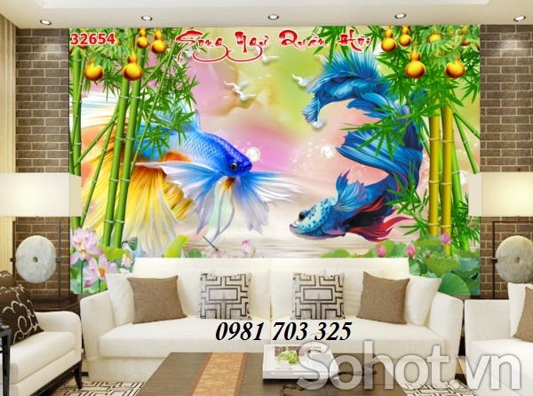 Tranh gạch đẹp 3D cá chép ốp tường