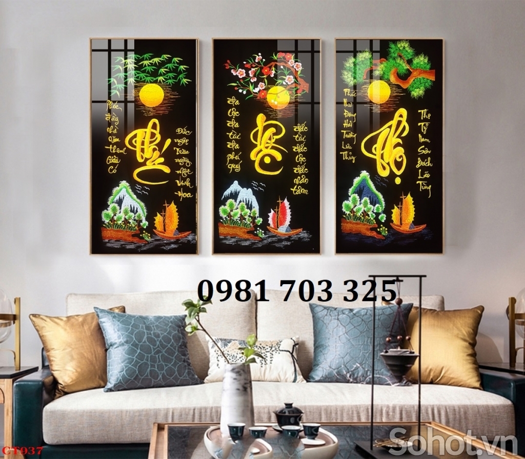 Gạch tranh thư pháp 3 tấm phúc lộc thọ