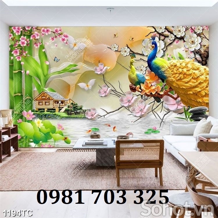 Tranh chim công phong thủy, gạch tranh 3D đẹp