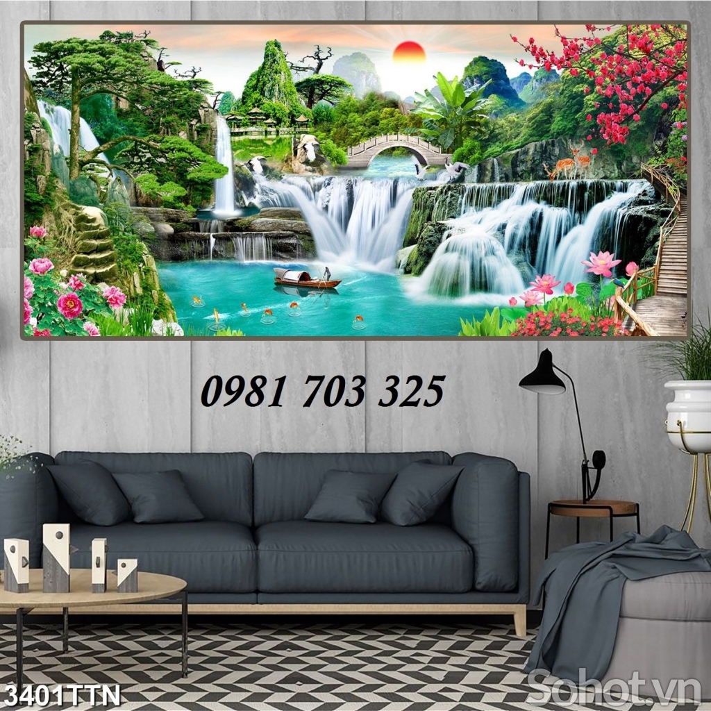 Tranh phong cảnh thác nước- gạch tranh 3D ốp tường