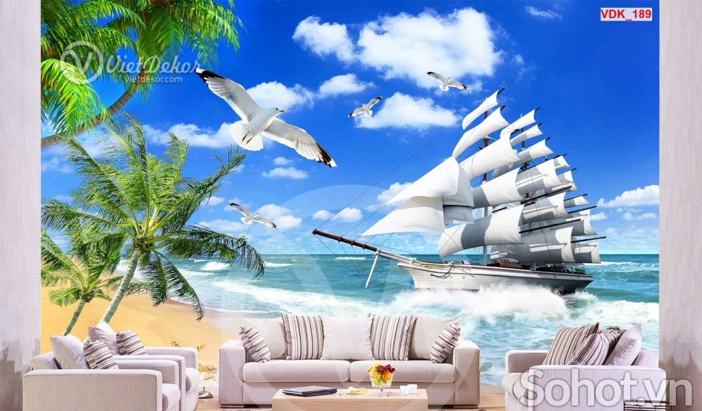 gạch tranh thuyền buồm trang trí phòng