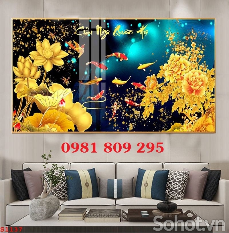 Tranh gạch phong thủy hoa sen cá chép HP1212
