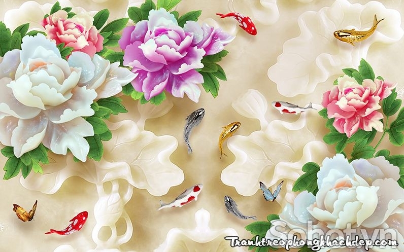 tranh cá chép hoa mẫu đơn - gạch tranh ốp tường 3d - C21