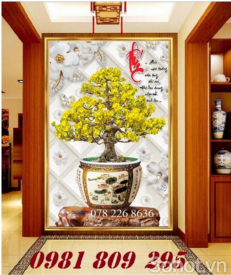 Gạch tranh 3d , tranh gạch men 3d cây mai vàng