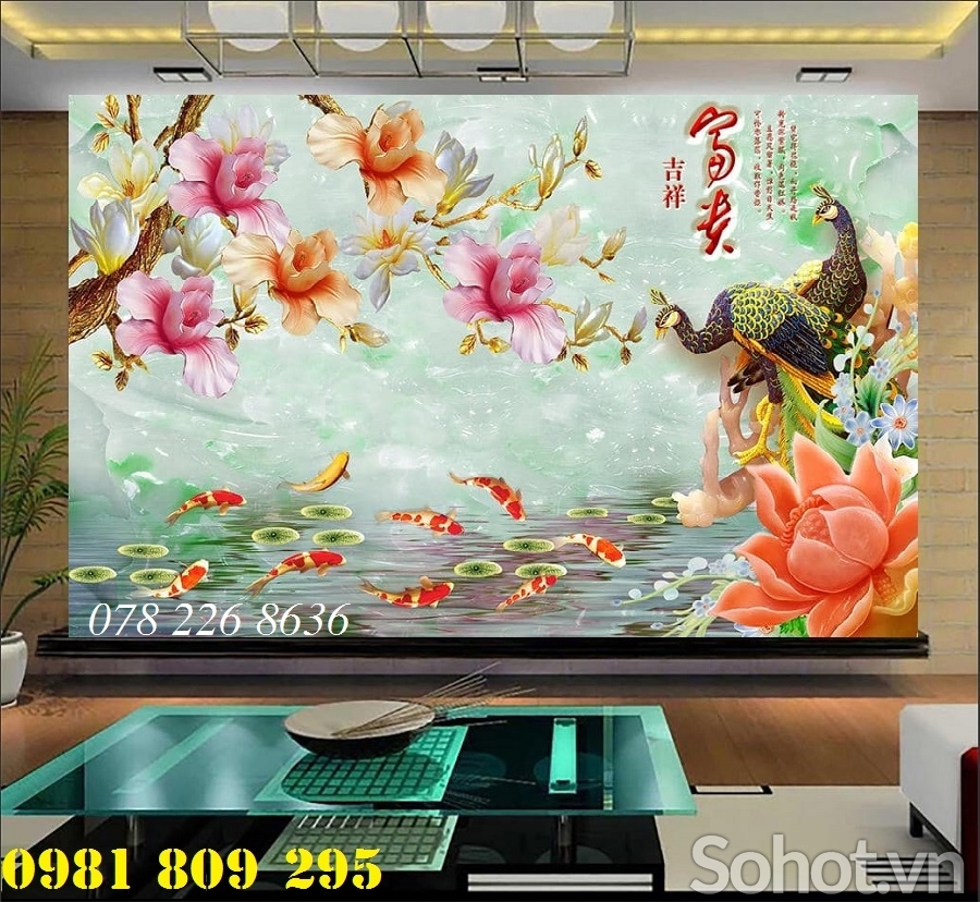 Tranh chim công hoa mẫu đơn- Gạch 3d