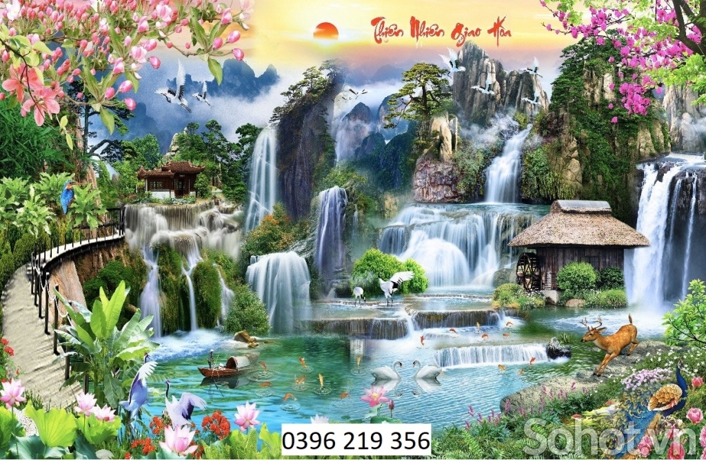 Tranh gạch men 3d trang trí tường Phong cảnh , thác nước