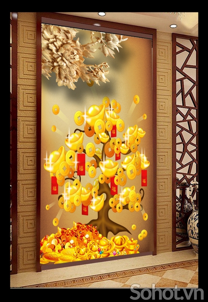 Tranh gạch 3d cây tiền vàng - K096