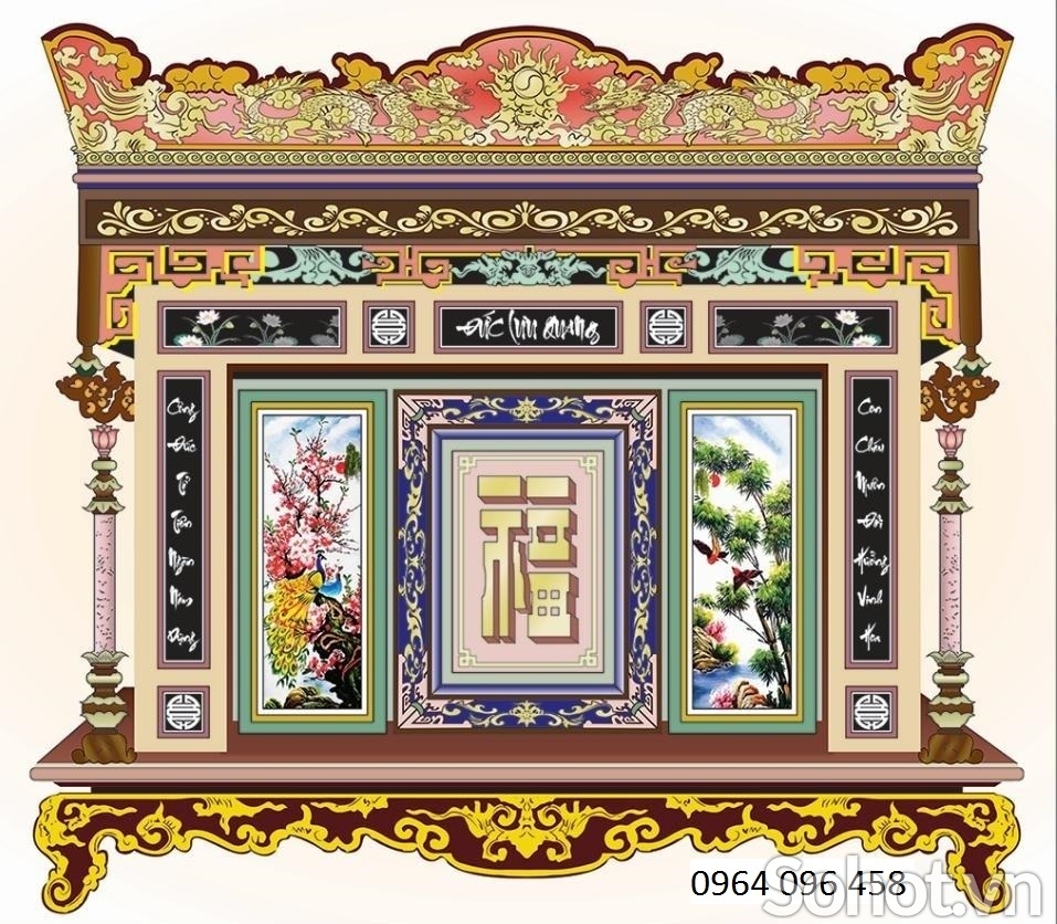 Tranh 3d câu đối phòng thờ - gạch tranh 3d ốp tường - 987AK
