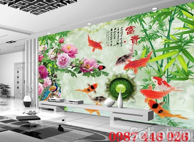 Tranh gạch men cá chép cửu ngư đồ HP9723