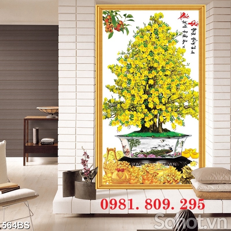 Tranh gạch ốp tường hoa mai khổ dọc 3d