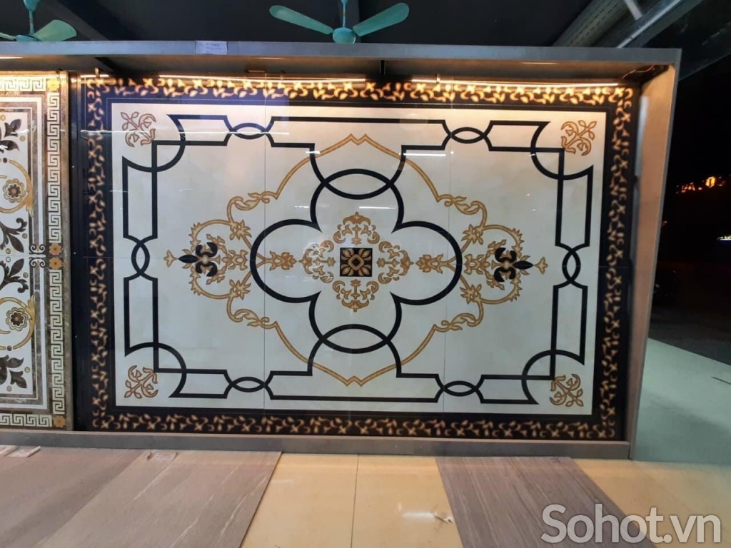 Gạch thảm khắc vàng phòng khách đẹp