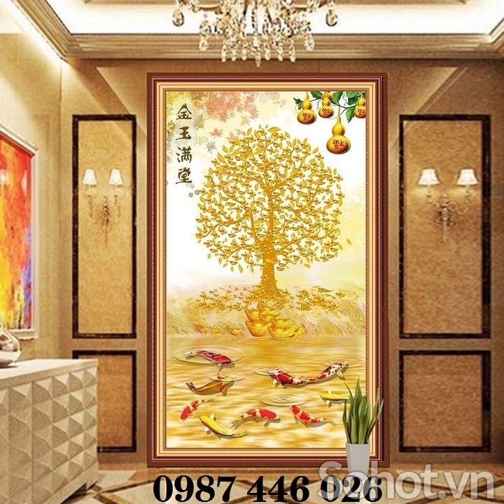 Gạch 3d tranh gạch cây tiền lộc vàng HP263