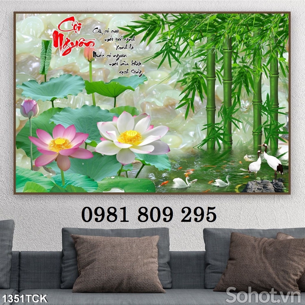 TRanh hoa sen phong thủy, gạch 3D ốp tường