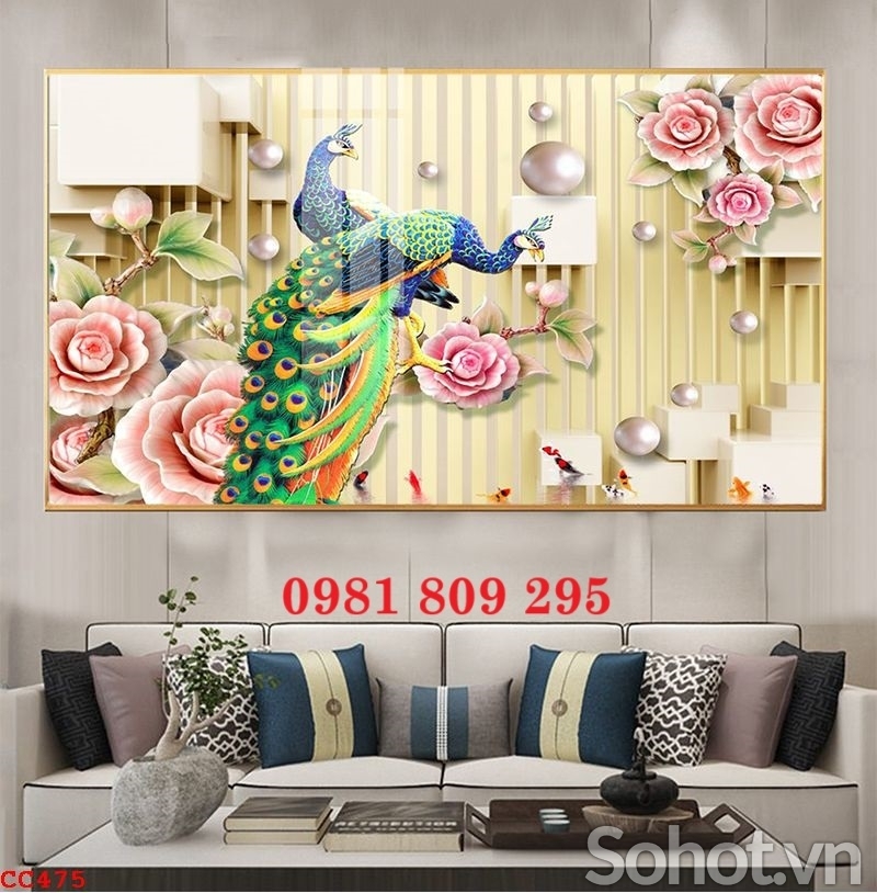 Tranh ốp tường 3d chim công , gạch tranh