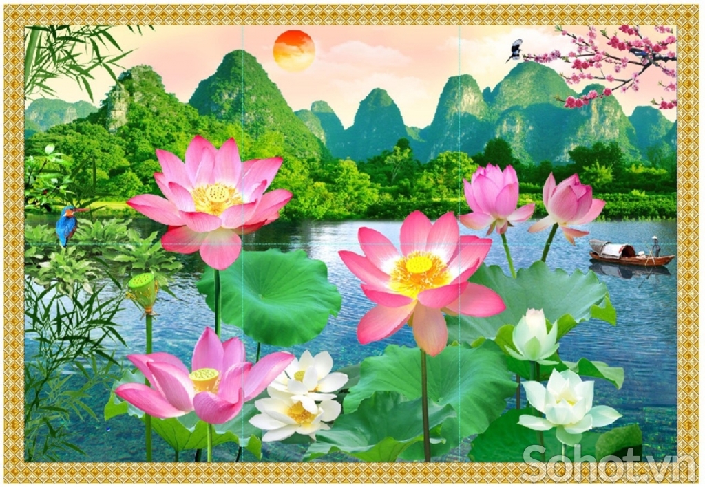 Gạch tranh ốp tường 3d hoa sen - 64CM