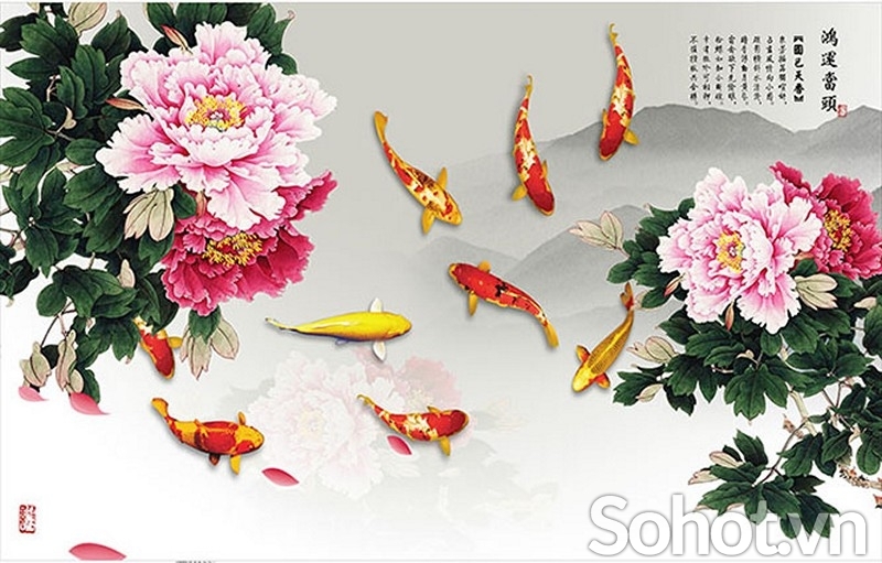 Tranh gạch 3d cá chép hoa mẫu đơn - SCX53