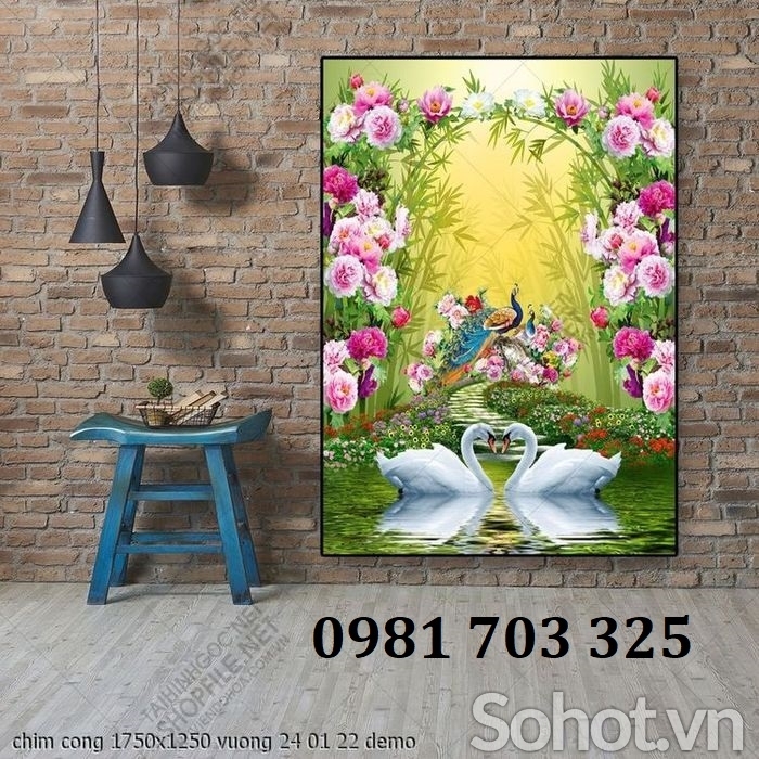Gạch tranh 3d chim công mẫu đơn