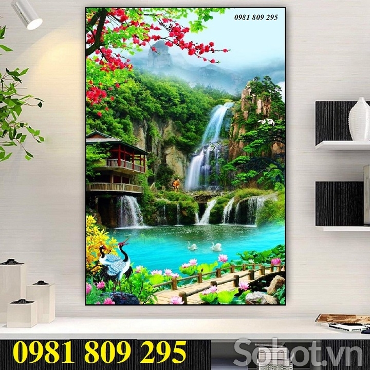 tranh gạch men 3d thác nước khổ đứng