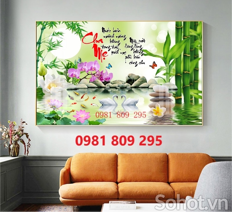 Tranh gạch men hoa sen cha mẹ cao cấp HN118