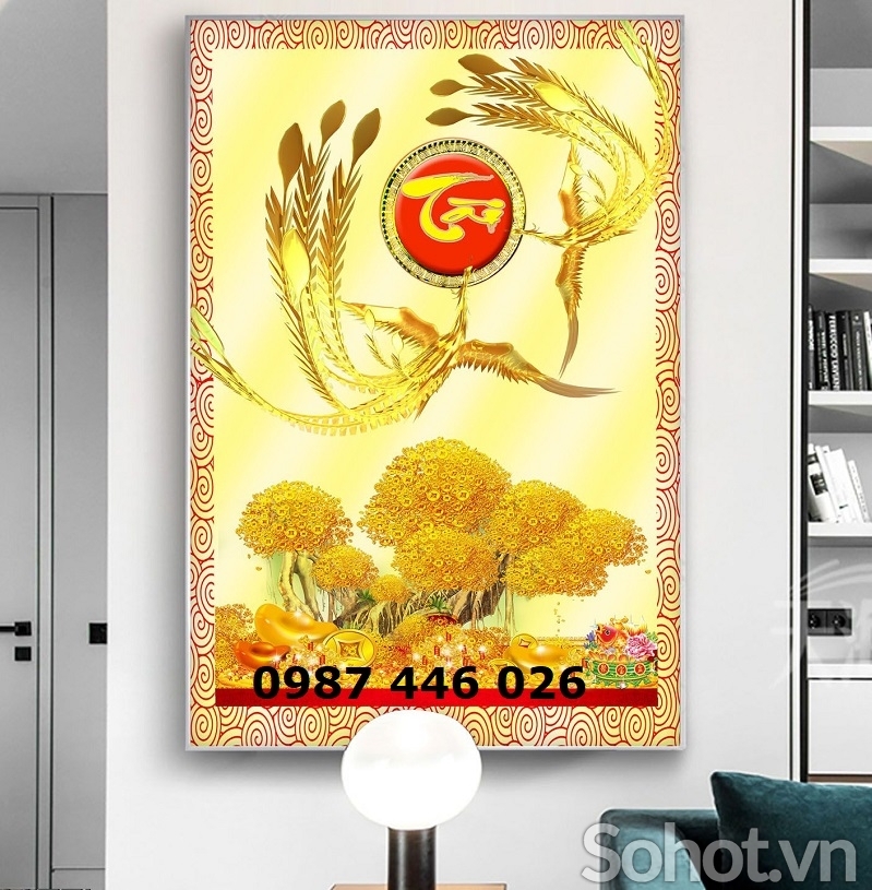 Tranh gạch men cây tiền lộc vàng HP97224
