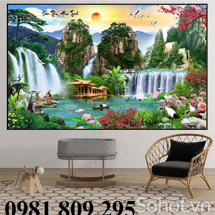 Tranh gạch 3d thác nước phong thủy - gạch tranh 3d