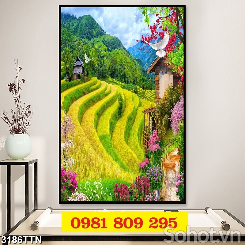 Tranh gạch ruộng bậc thang 3d khổ dọc mới hN9292