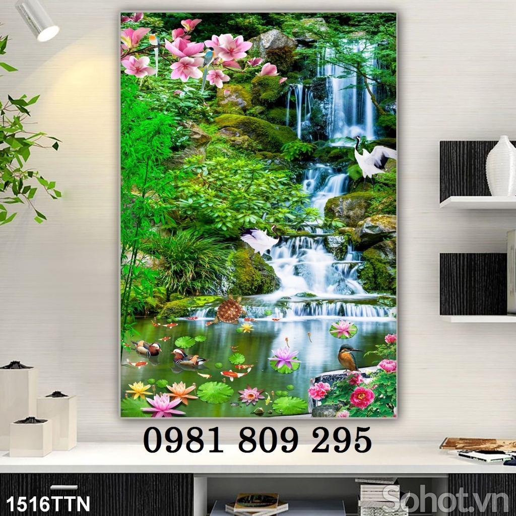 Tranh gạch khổ dọc 3d thác nước