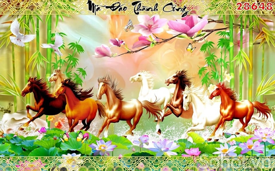 Tranh 3d - tranh gạch 3d 8 con ngựa - QGF4