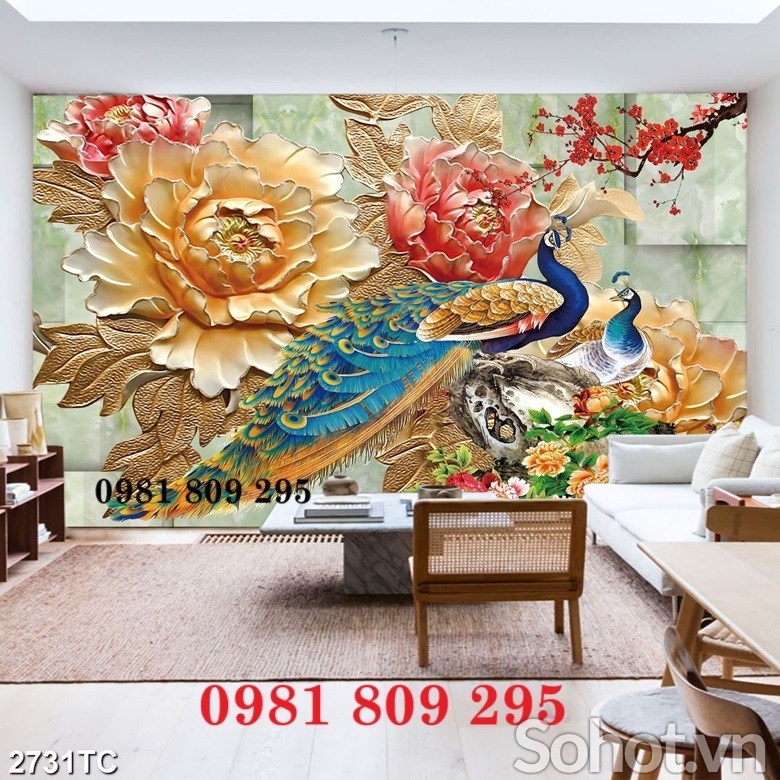 Gạch 3d chim công hoa mẫu đơn vợ chồng