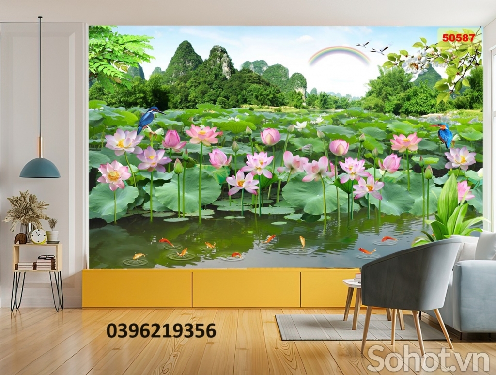 Tranh gạch 3D đẹp hoa sen trang trí