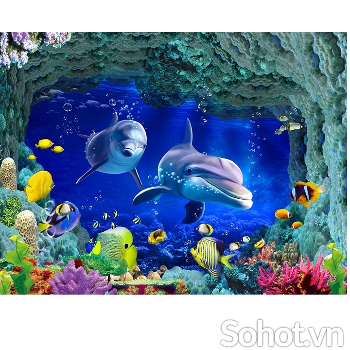 Tranh 3D trang trí phòng- tranh cá heo- gạch ốp tường